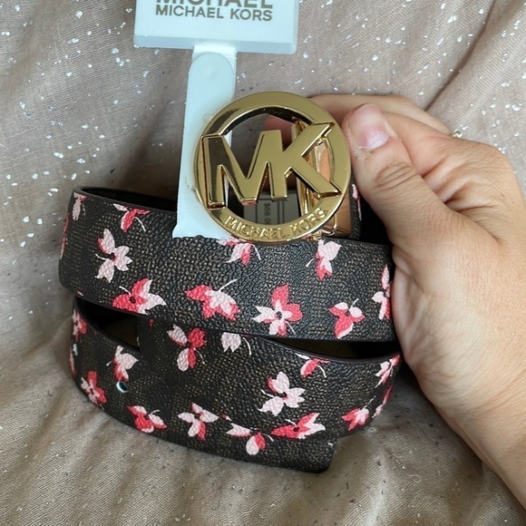 Brand New Michael Kors Reversible Brown Floral Belt w/ Gold Tone Buckle